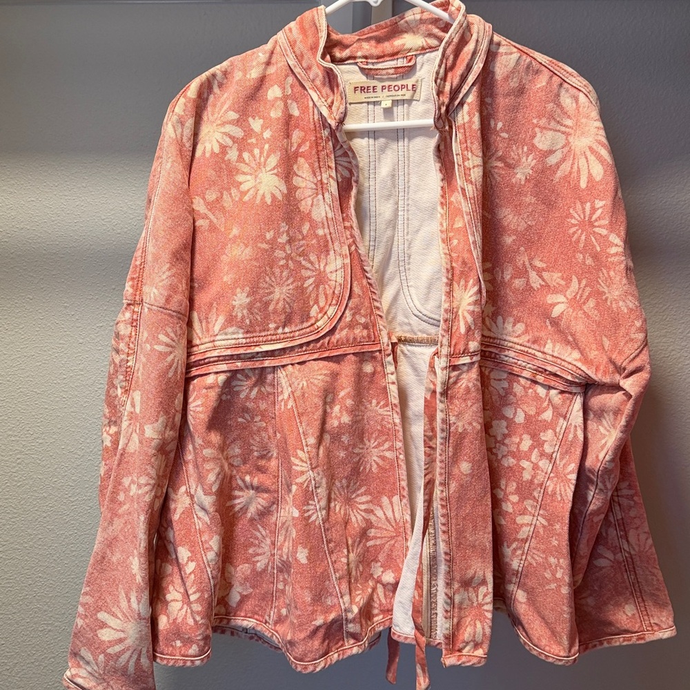 Free People Lua Bed Floral Denim Jacket in Apricot Combo.